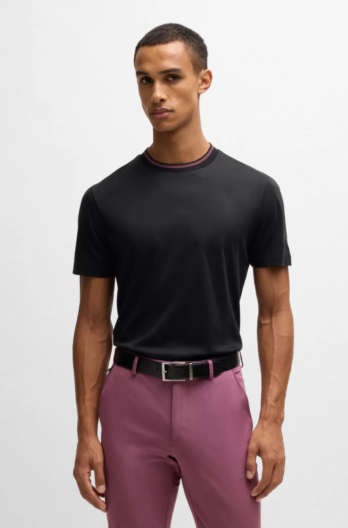 HUGO BOSS T-shirt I Merceriseret Bomuld Med Slim Fit Og Stribe På Kraven Sort Sale