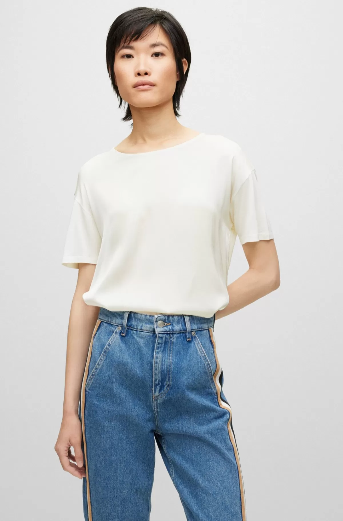 HUGO BOSS T-shirt I Merceriseret Jersey Med Strækbar Silke Foran Hvid Cheap