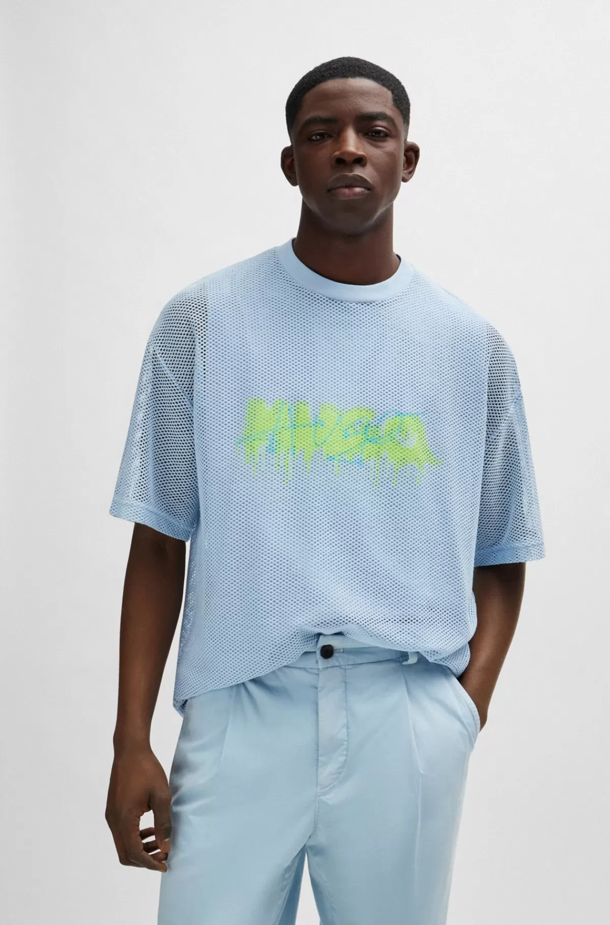 HUGO BOSS T-shirt I Mesh Med Oversize Fit Og Den Nye Sæsons Logo Lyseblå Online