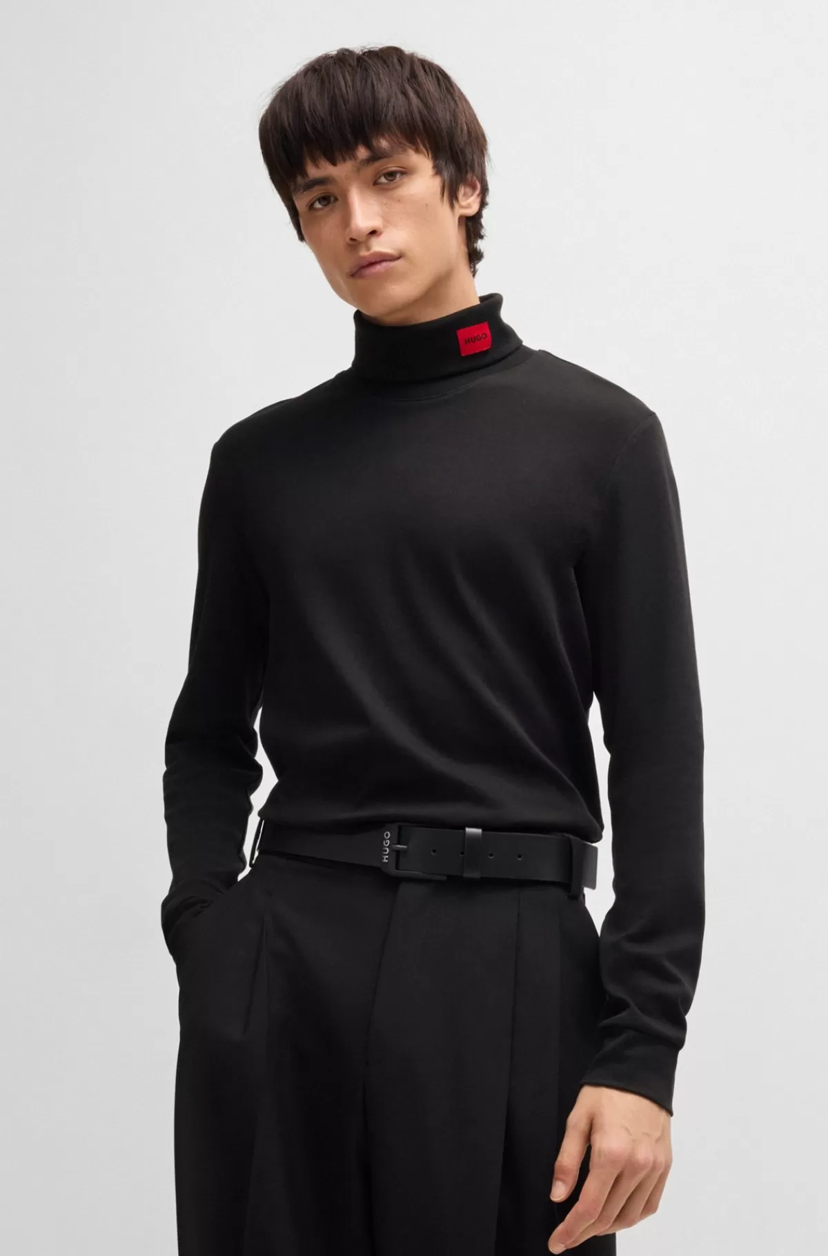 HUGO BOSS T-shirt I Slank Pasform Med Lange ærmer Og Rødt Logomærke Sort Flash Sale