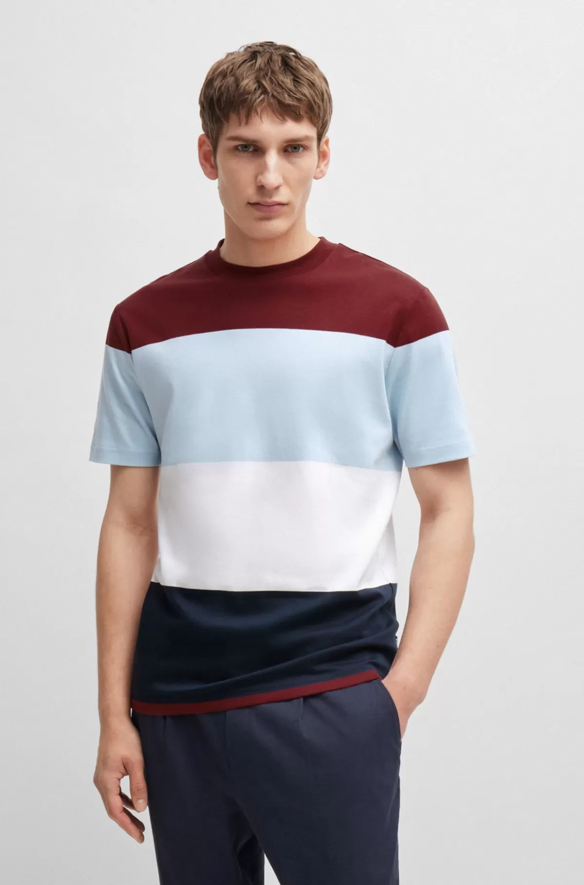 HUGO BOSS T-shirt Med Brede Striber I Bomuldsjersey Rød/blå/mørkeblå Discount