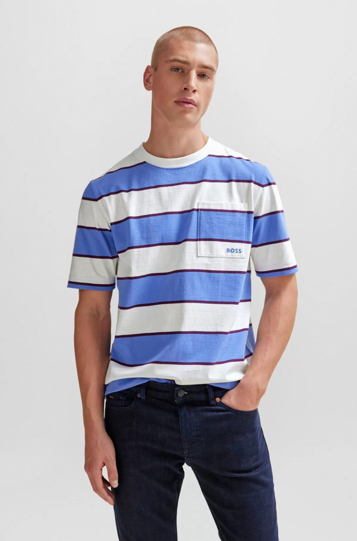 HUGO BOSS T-shirt Med Brede Striber I Bomuldsjersey Hvid / Blå Shop