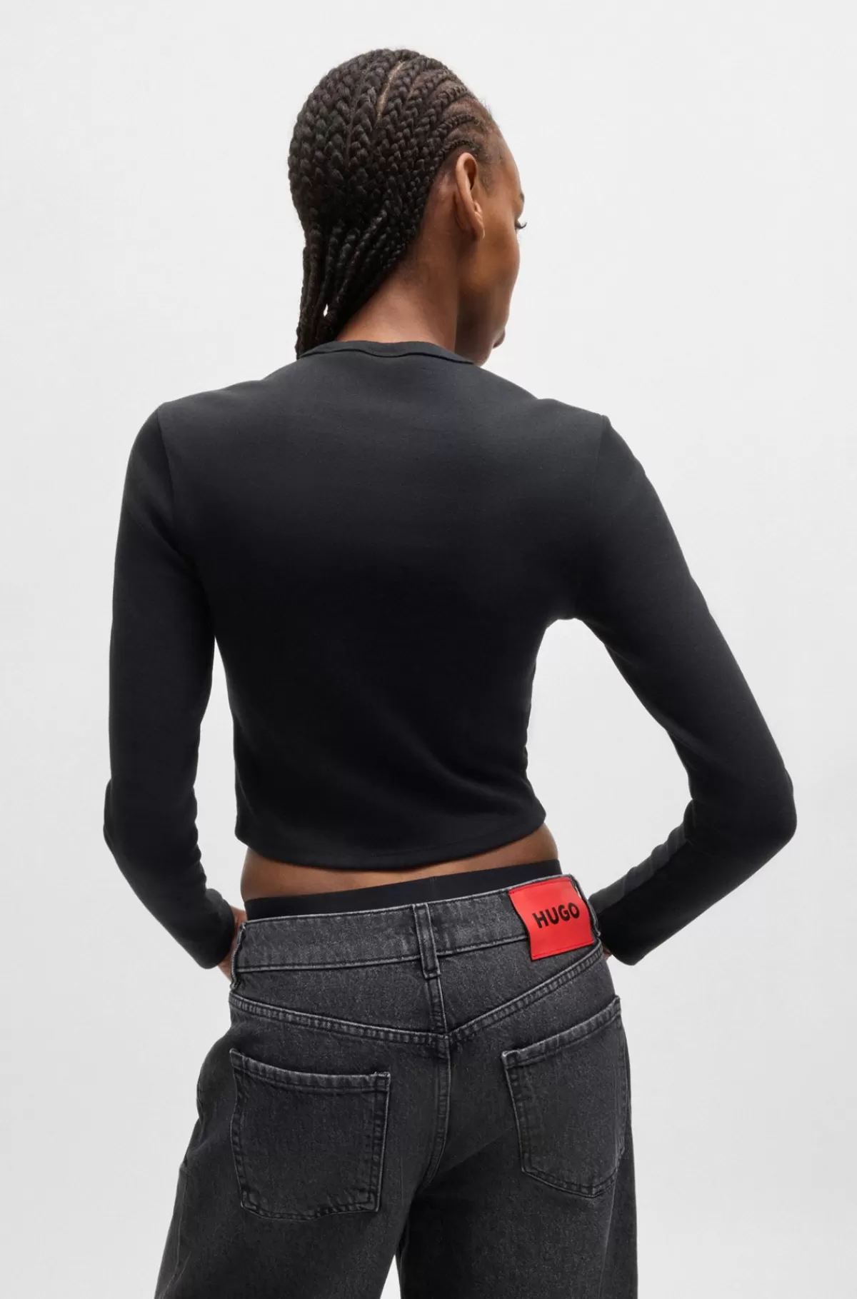 HUGO BOSS T-shirt Med Lange ærmer I Bomuldsblanding Med Slim Fit Og Stablet Logo Sort Sale