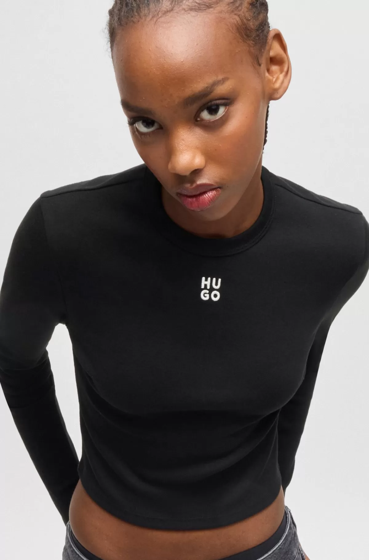 HUGO BOSS T-shirt Med Lange ærmer I Bomuldsblanding Med Slim Fit Og Stablet Logo Sort Sale