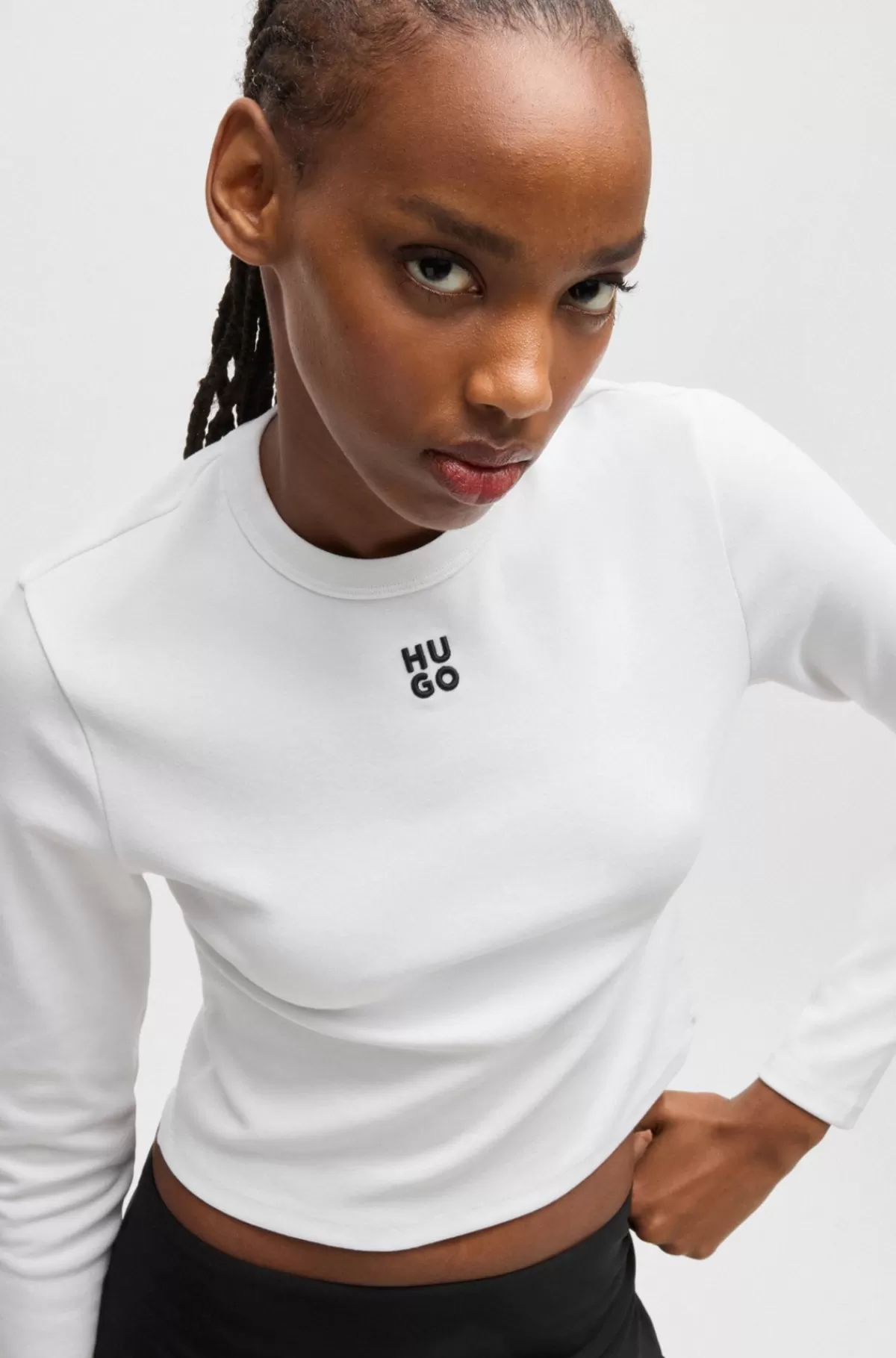 HUGO BOSS T-shirt Med Lange ærmer I Bomuldsblanding Med Slim Fit Og Stablet Logo Hvid New