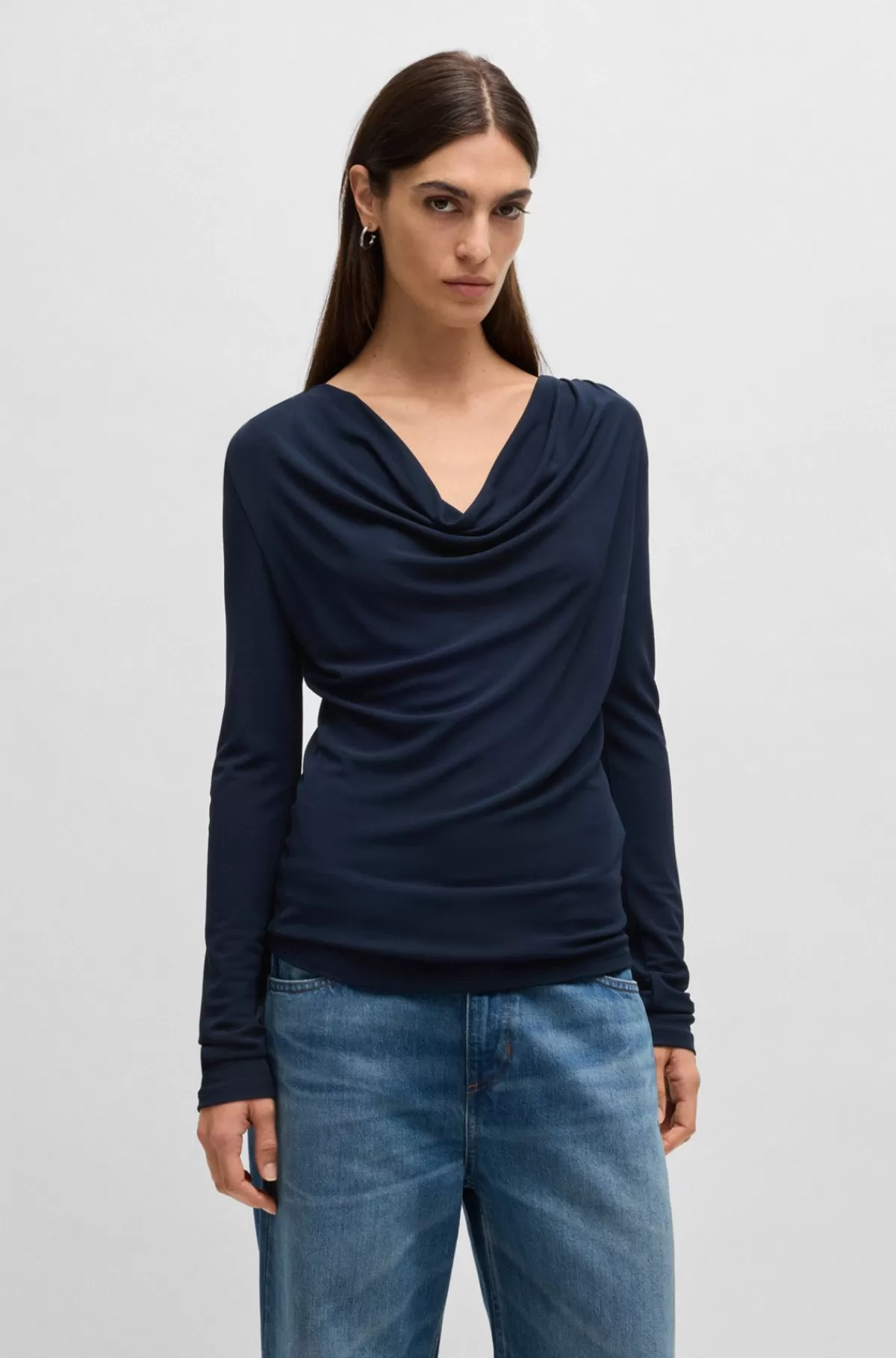 HUGO BOSS T-shirt Med Lange ærmer I Crepe Med Stræk Med Draperet Hals Mørkeblå Cheap