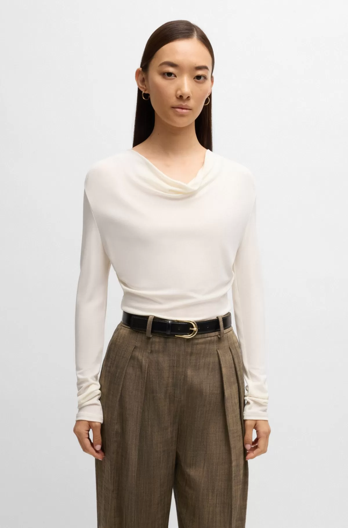 HUGO BOSS T-shirt Med Lange ærmer I Crepe Med Stræk Med Draperet Hals Hvid Fashion
