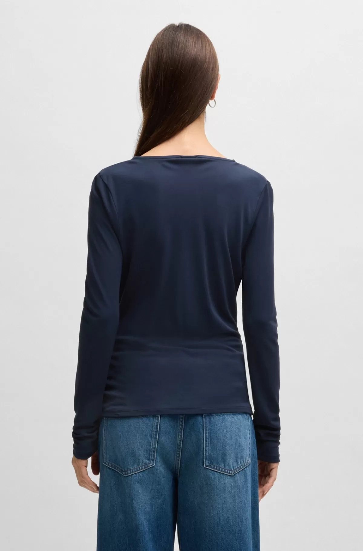 HUGO BOSS T-shirt Med Lange ærmer I Crepe Med Stræk Med Draperet Hals Mørkeblå Cheap