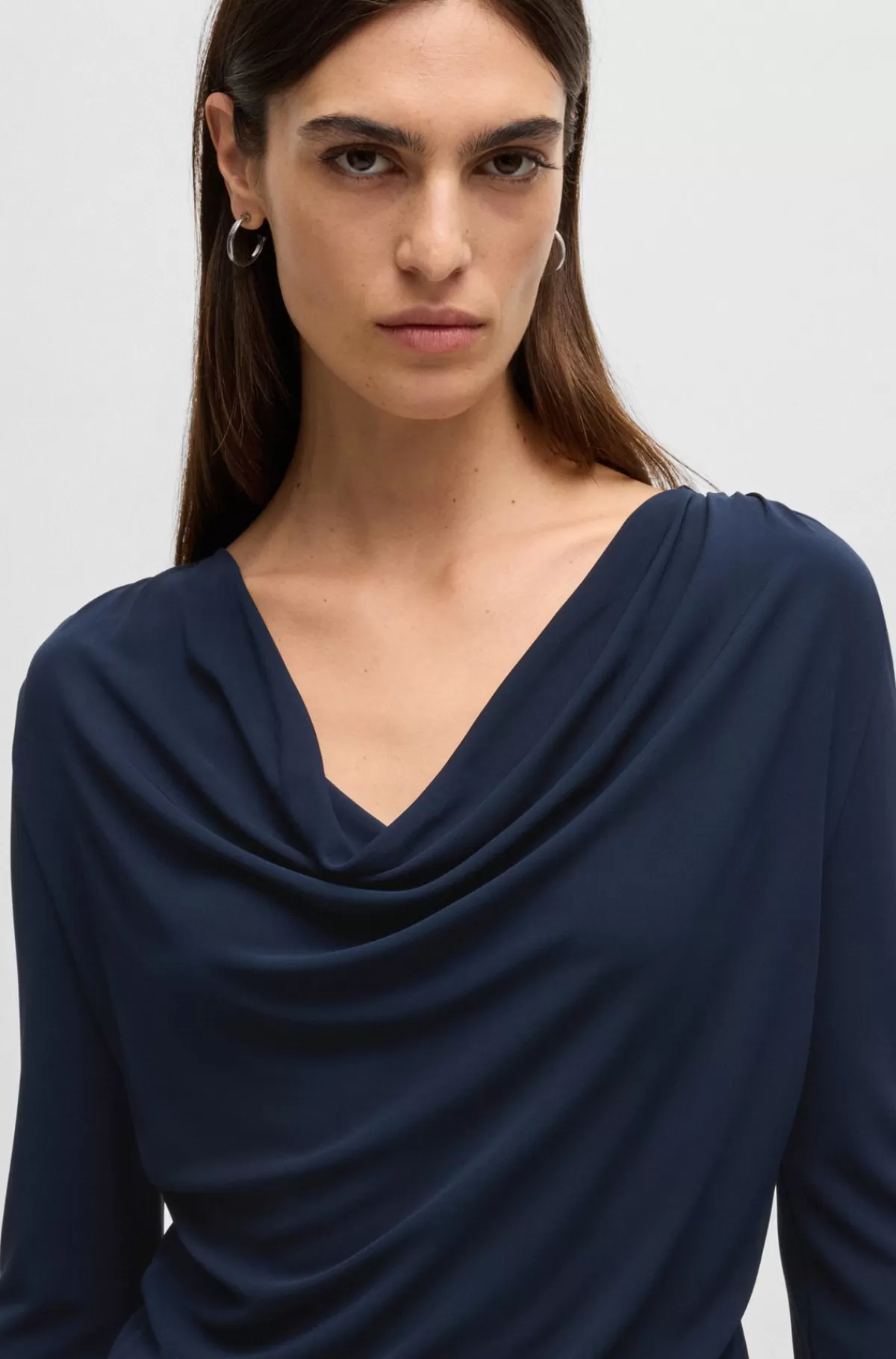 HUGO BOSS T-shirt Med Lange ærmer I Crepe Med Stræk Med Draperet Hals Mørkeblå Cheap
