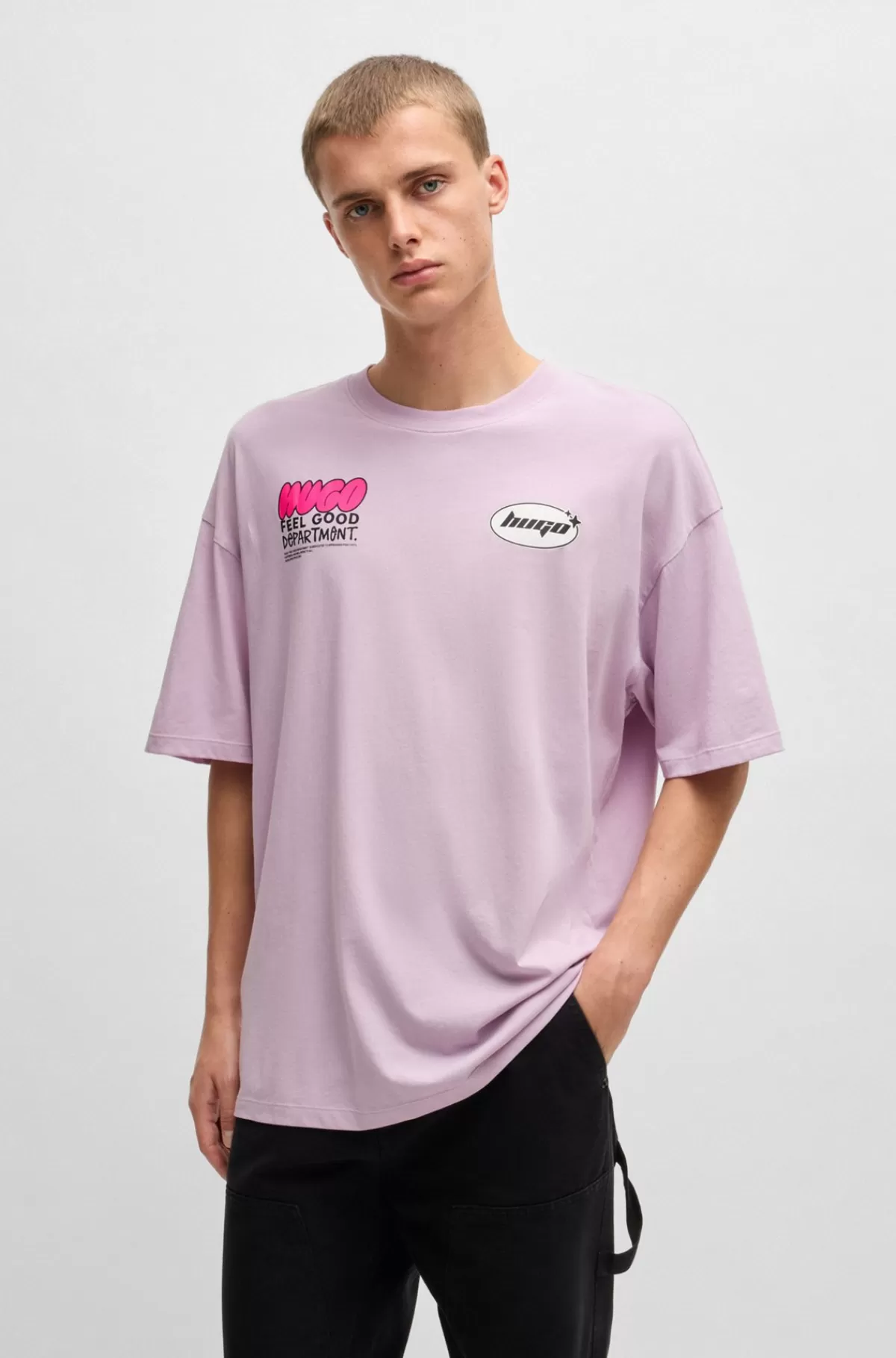 HUGO BOSS T-shirt Med Oversize Fit I Bomuldsjersey Med Sæsonens Grafik Lyslilla Outlet