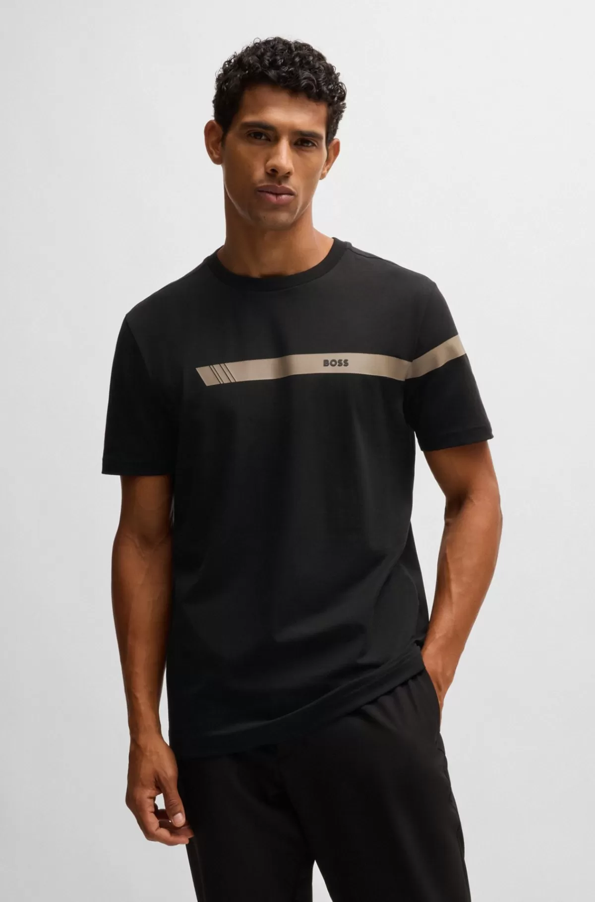 HUGO BOSS T-shirt Med Regular Fit I Bomuld Med Stræk Og Logostribe Sort Outlet