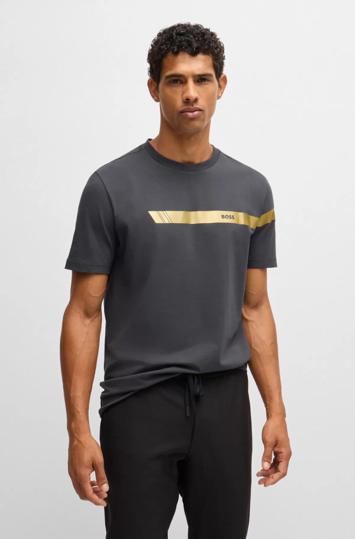 HUGO BOSS T-shirt Med Regular Fit I Bomuld Med Stræk Og Logostribe Mørkegrå Outlet