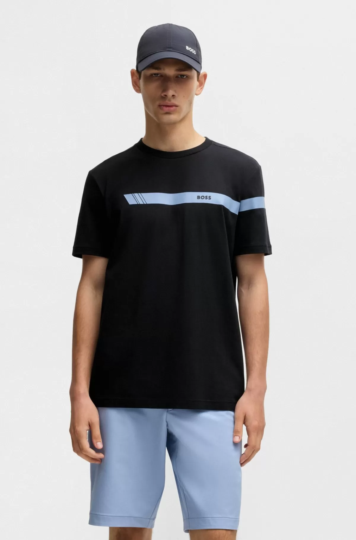 HUGO BOSS T-shirt Med Regular Fit I Bomuld Med Stræk Og Logostribe Mørkeblå Best