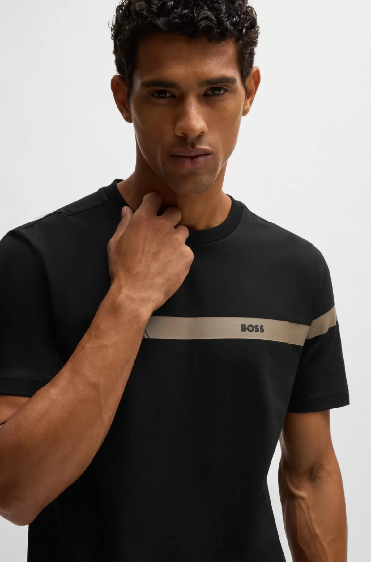 HUGO BOSS T-shirt Med Regular Fit I Bomuld Med Stræk Og Logostribe Sort Outlet