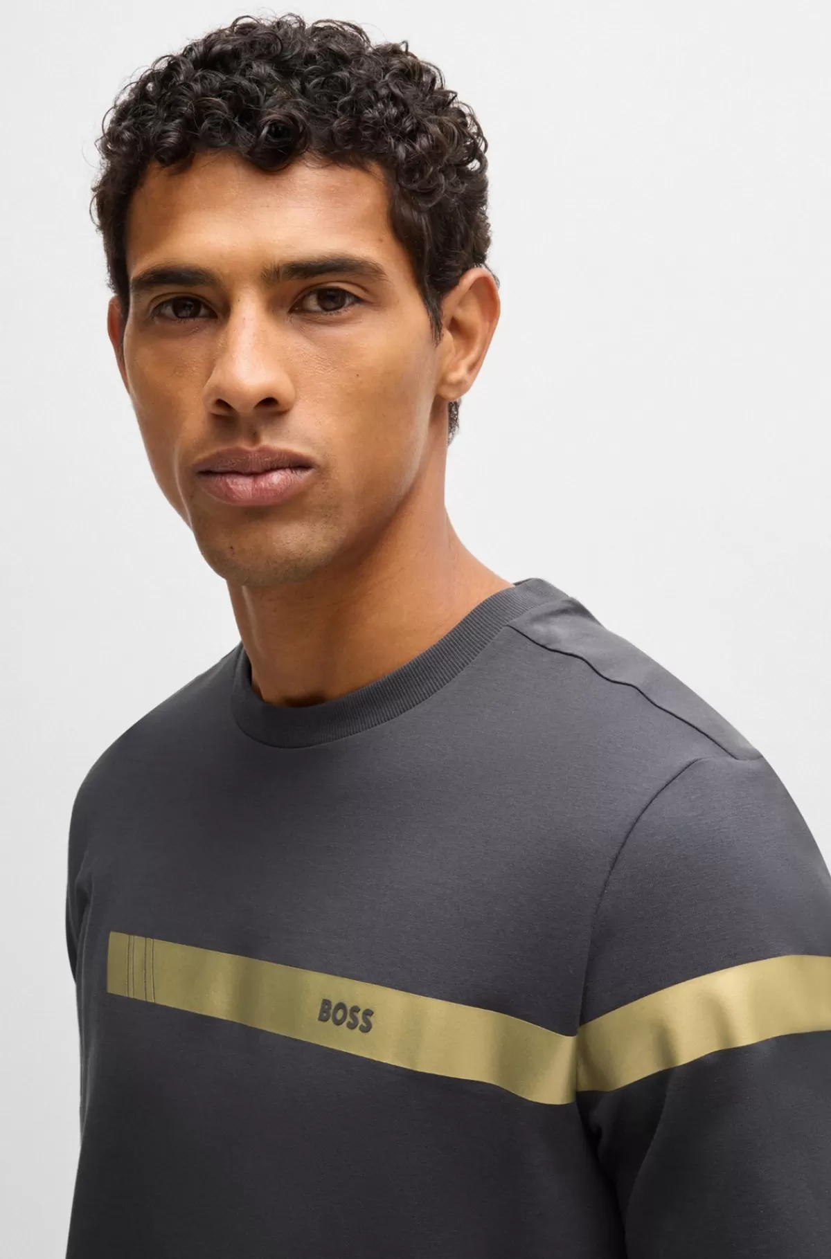 HUGO BOSS T-shirt Med Regular Fit I Bomuld Med Stræk Og Logostribe Mørkegrå Outlet