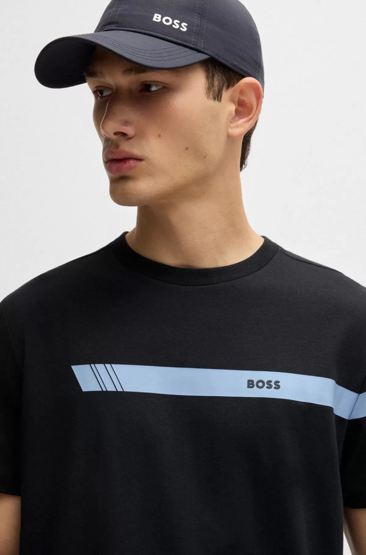 HUGO BOSS T-shirt Med Regular Fit I Bomuld Med Stræk Og Logostribe Mørkeblå Best