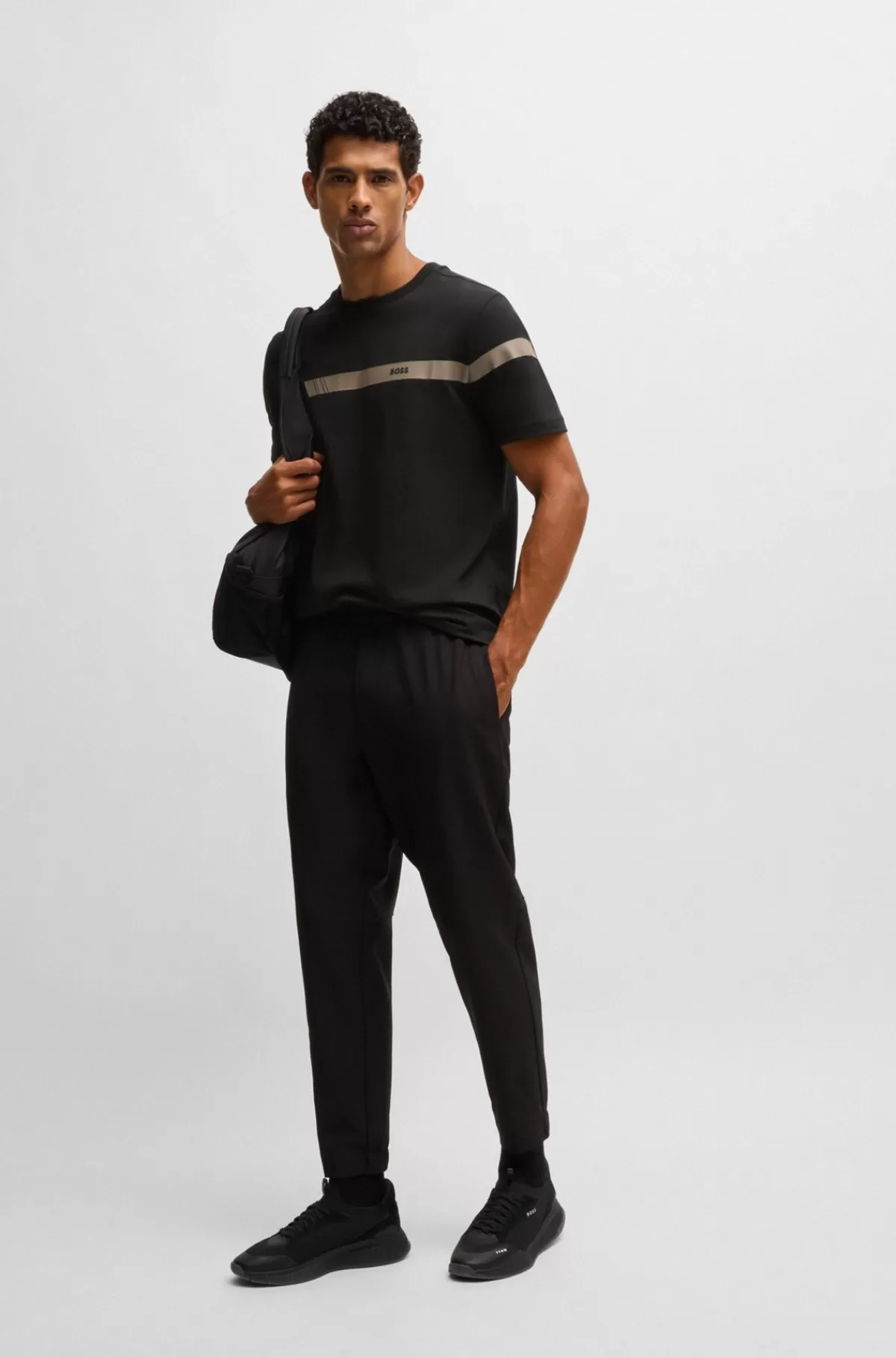 HUGO BOSS T-shirt Med Regular Fit I Bomuld Med Stræk Og Logostribe Sort Outlet