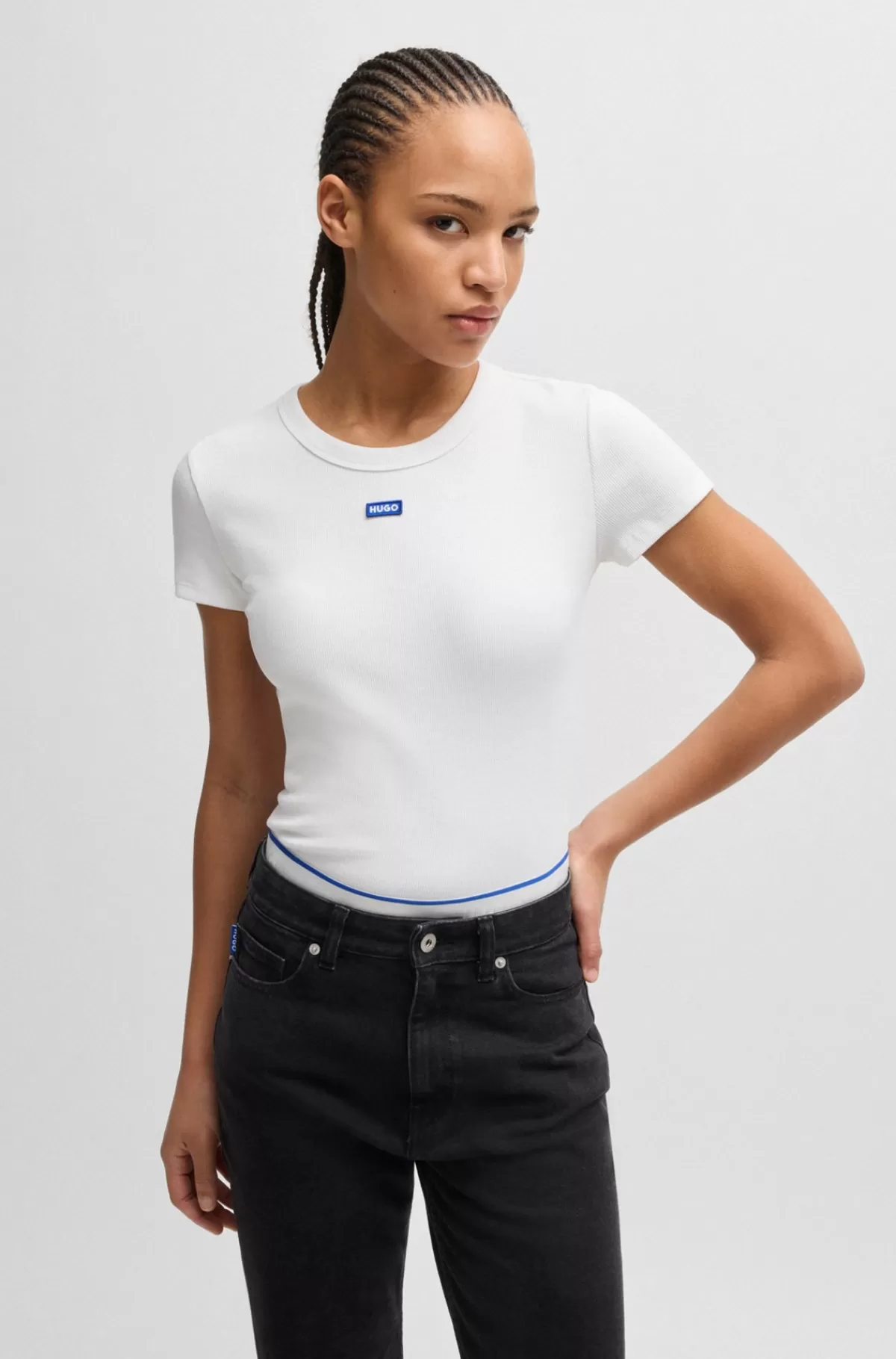 HUGO BOSS T-shirt Med Slim Fit I Bomuld Med Stræk Og Med Logomærkat Hvid Online