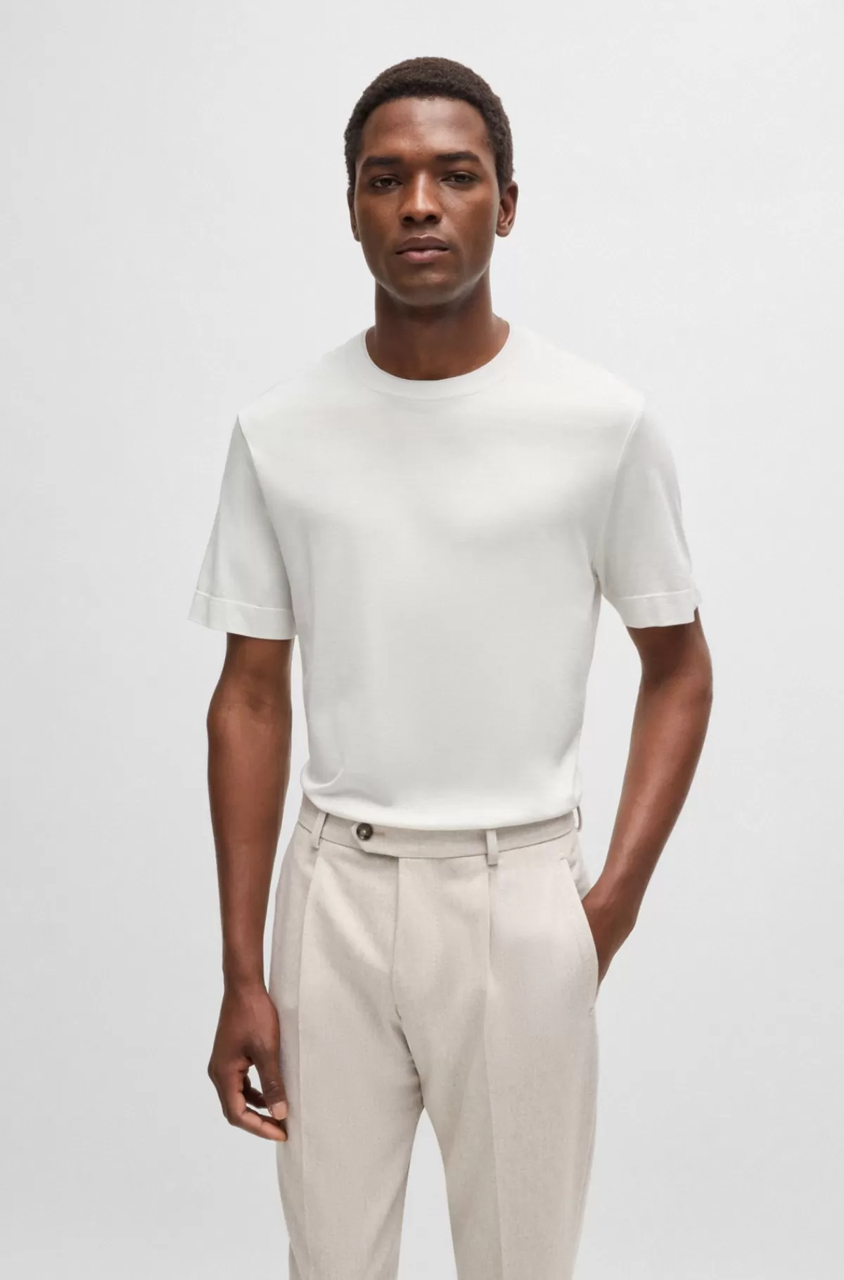 HUGO BOSS T-shirt Med Tynde Striber I Bomuld Og Silke Hvid Outlet