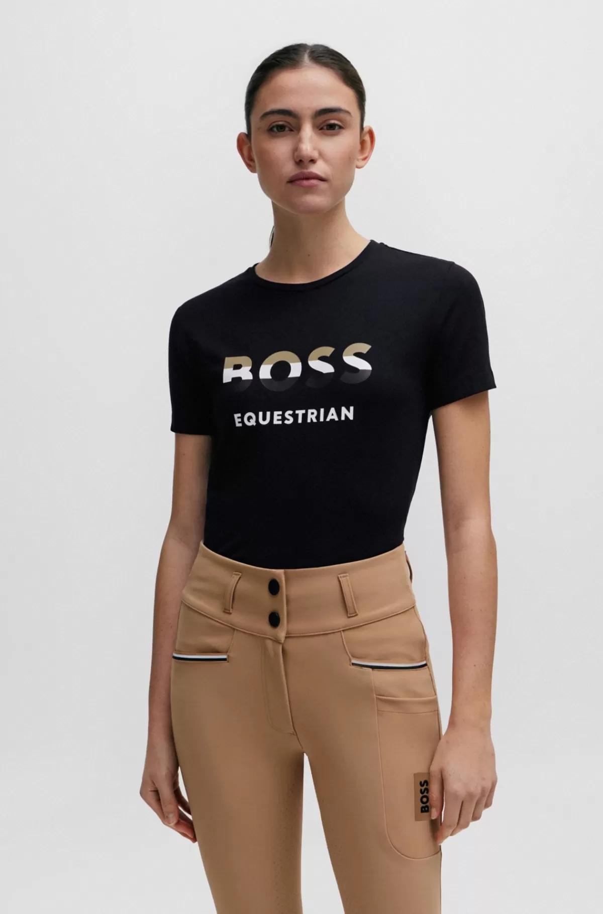 HUGO BOSS T-shirt Til Hestesport I Bomuld Med Stræk Og Logo Sort Cheap
