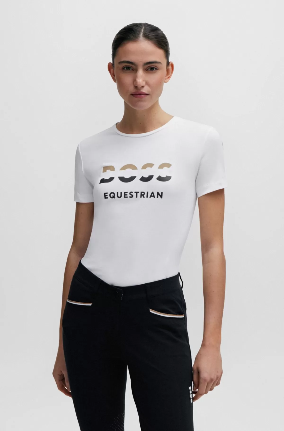 HUGO BOSS T-shirt Til Hestesport I Bomuld Med Stræk Og Logo Hvid Fashion
