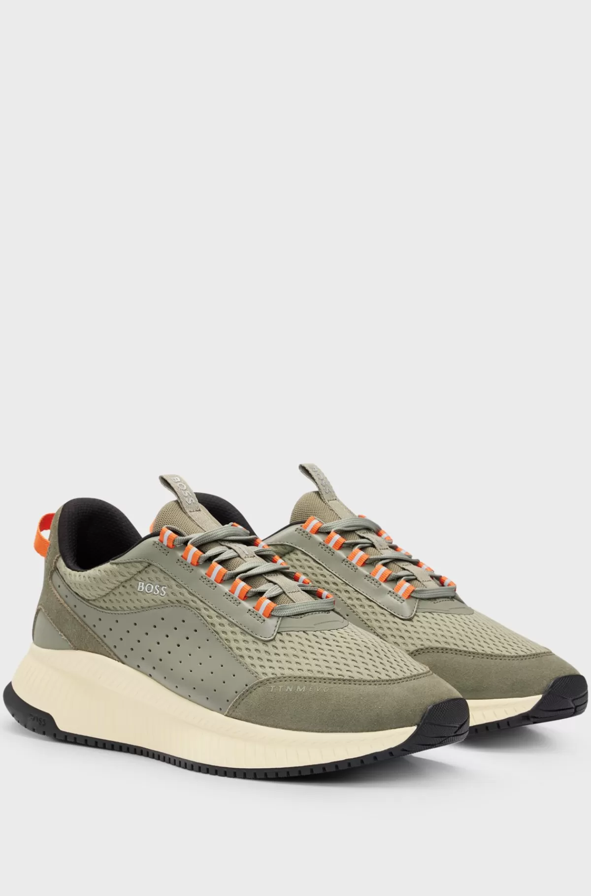 HUGO BOSS TTNM EVO Sneakers I Ruskind, Læder Og Mesh Med Sål Med Fiskebensmønster Lysegrøn New