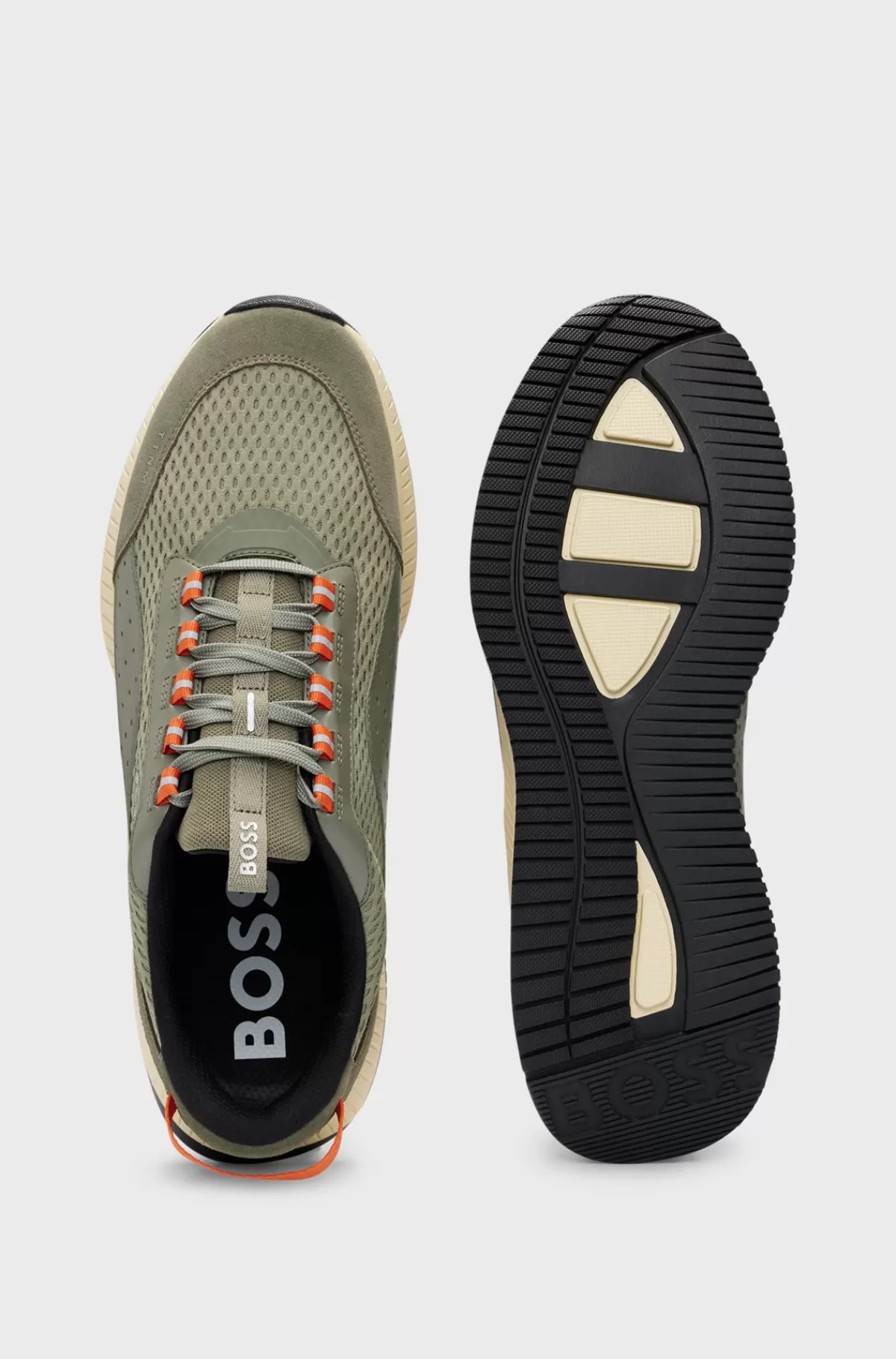 HUGO BOSS TTNM EVO Sneakers I Ruskind, Læder Og Mesh Med Sål Med Fiskebensmønster Lysegrøn New
