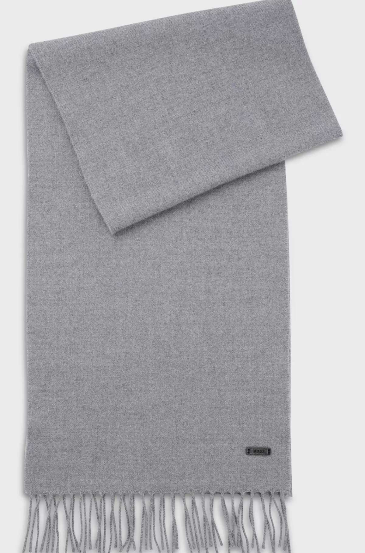 HUGO BOSS Uldtørklæde Med Logomærkat Og Snoede Frynser Grå Best