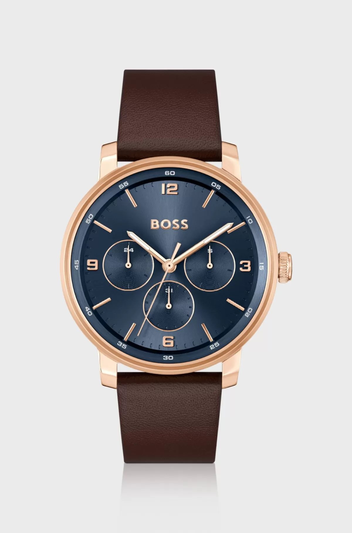 HUGO BOSS Ur Med Blå Urskive Og Læderrem Brun Online