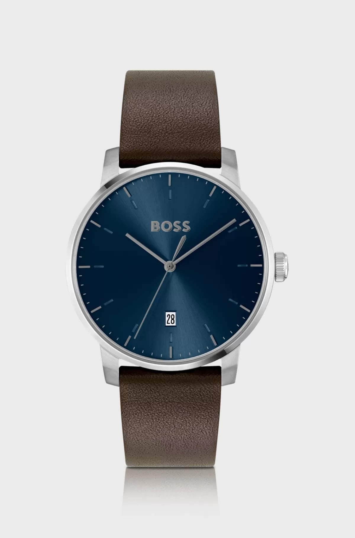 HUGO BOSS Ur Med Blå Urskive Og Læderrem Brun Online