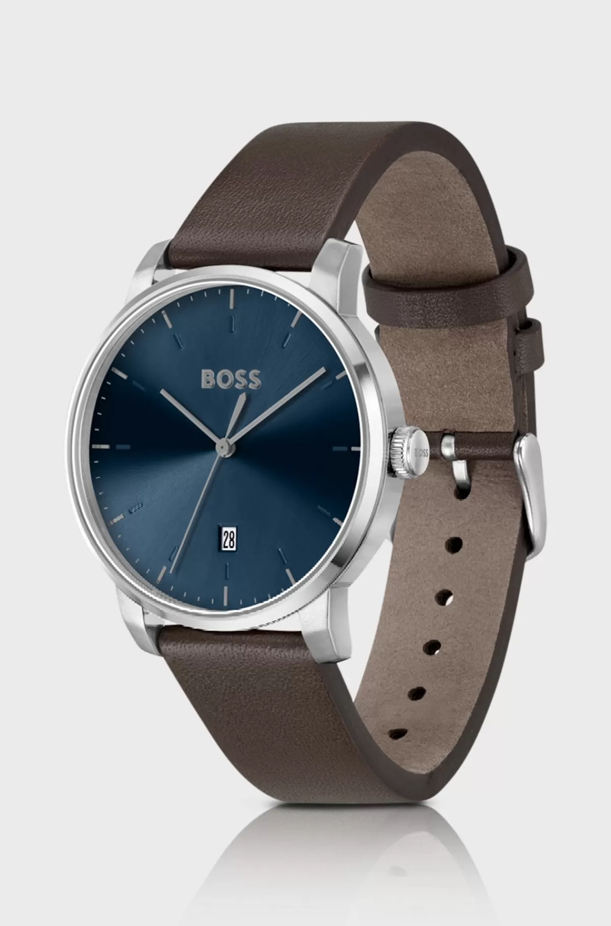 HUGO BOSS Ur Med Blå Urskive Og Læderrem Brun Online