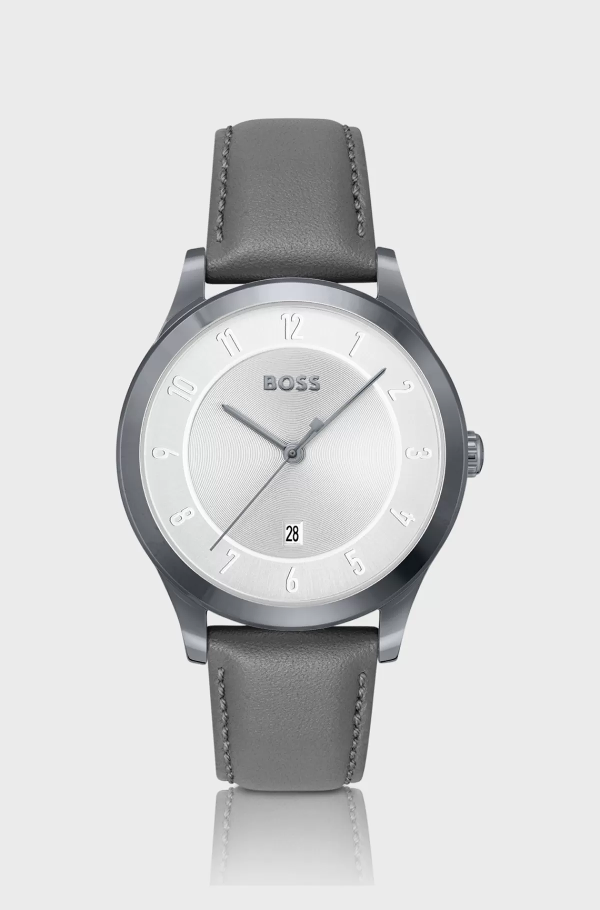 HUGO BOSS Ur Med Grå Belægning Og Grå Læderrem Sølv Online