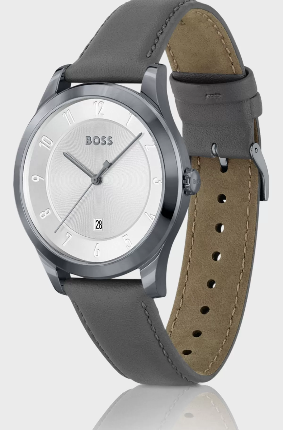 HUGO BOSS Ur Med Grå Belægning Og Grå Læderrem Sølv Online