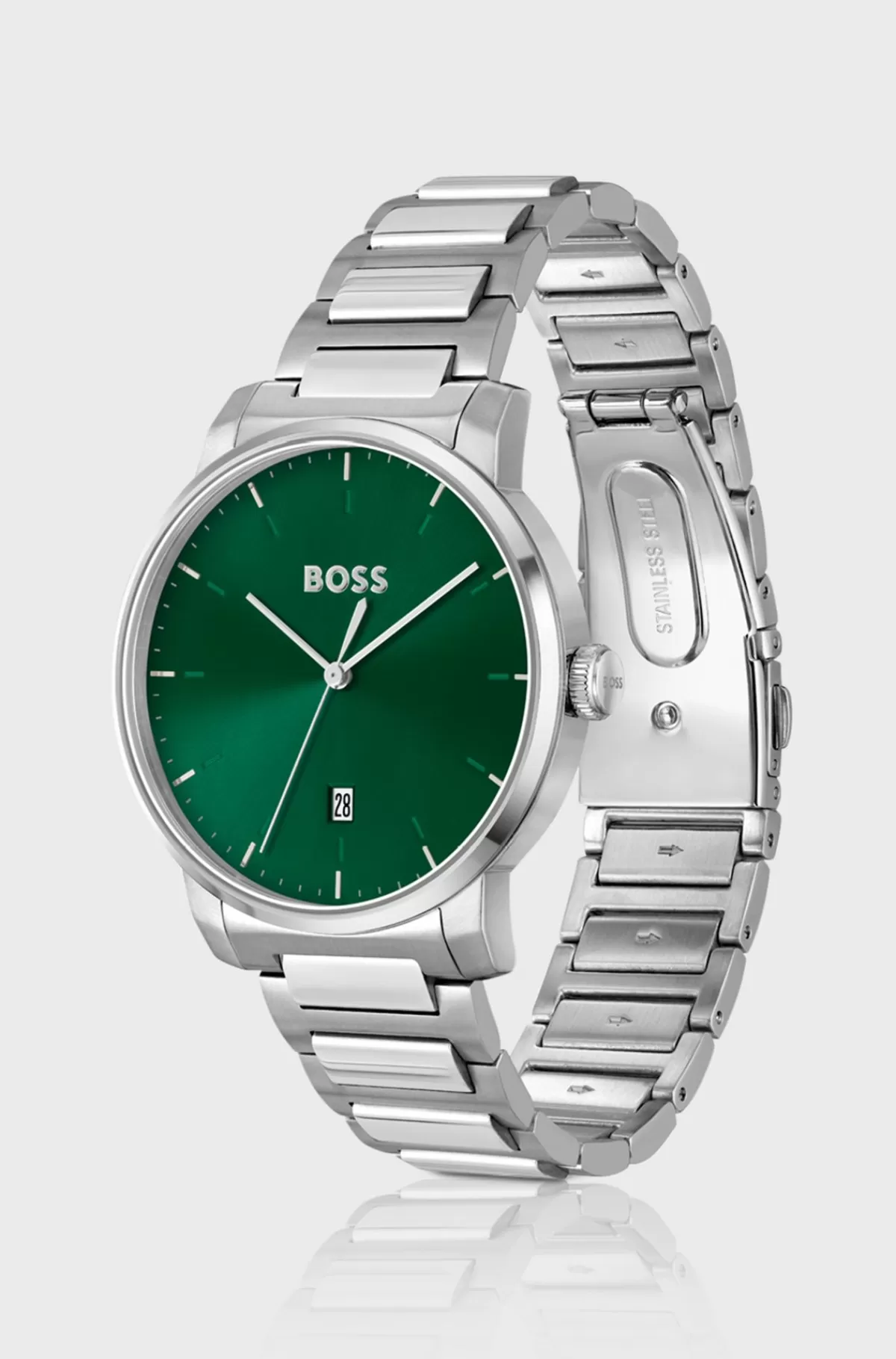 HUGO BOSS Ur Med H-lænkerem Og Grøn Urskive Sølv Flash Sale