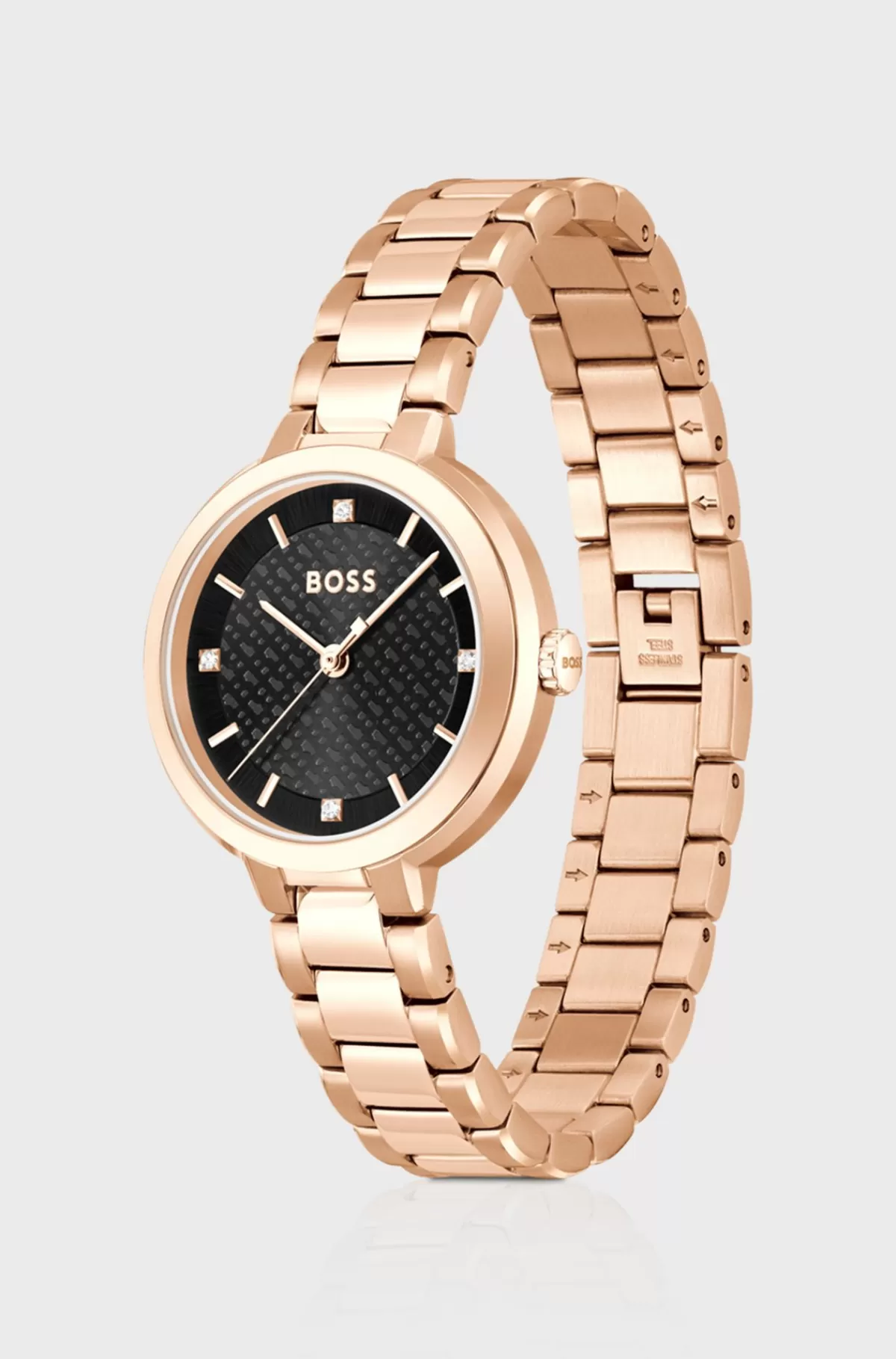 HUGO BOSS Ur Med Krystalbesat Monogramurskive Og Lænkerem Guld New