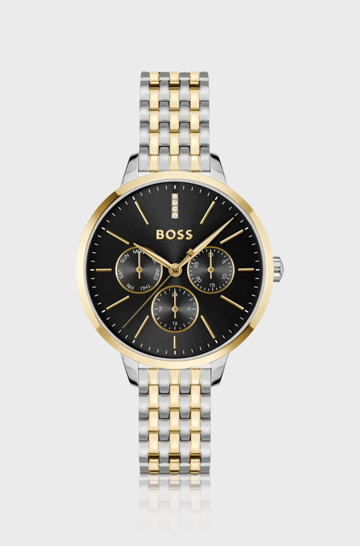 HUGO BOSS Ur Med Krystaller Og Sort Urskive I Tofarvet Stål Guld Sale