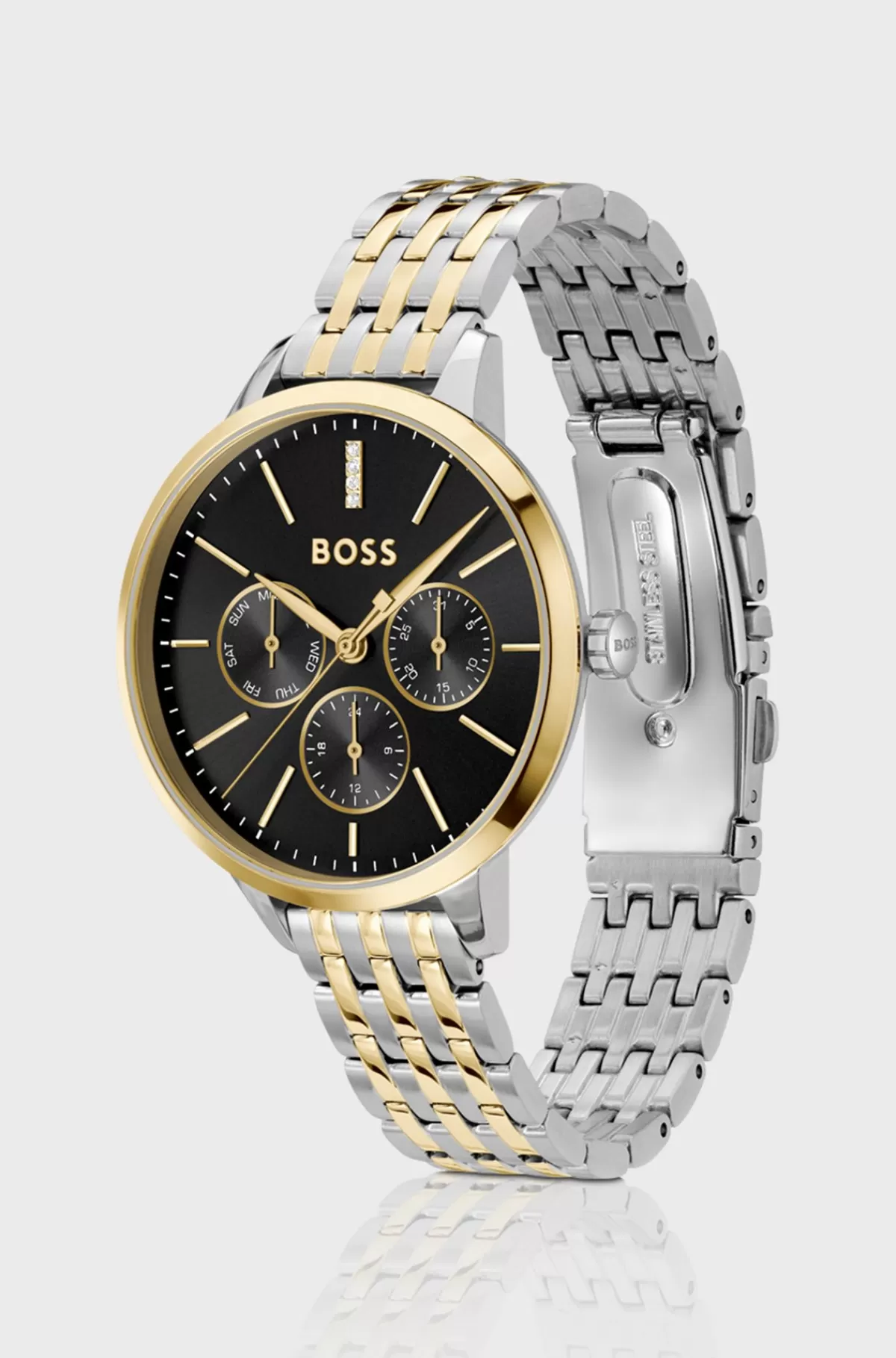 HUGO BOSS Ur Med Krystaller Og Sort Urskive I Tofarvet Stål Guld Sale