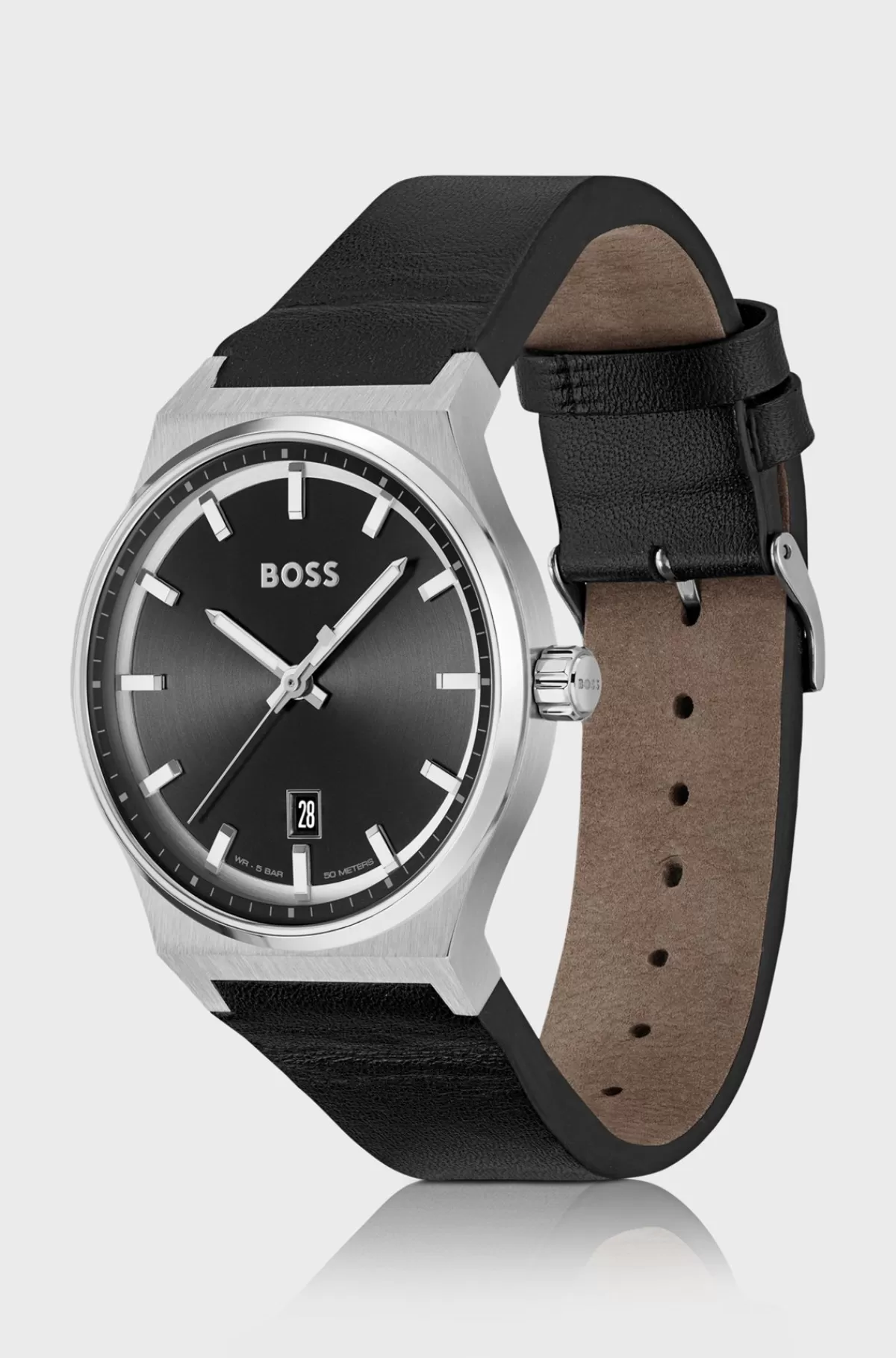 HUGO BOSS Ur Med Læderrem Og Urskive Sort Discount