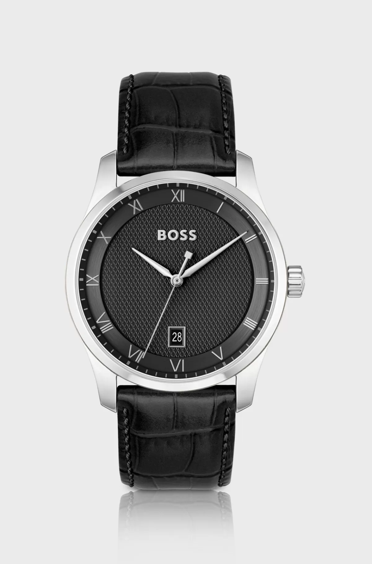 HUGO BOSS Ur Med Læderrem Og mønstret Urskive Sort Best
