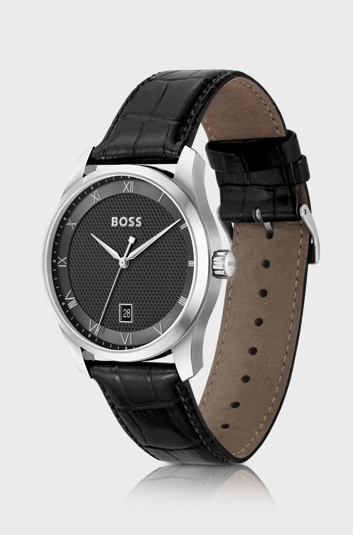HUGO BOSS Ur Med Læderrem Og mønstret Urskive Sort Best