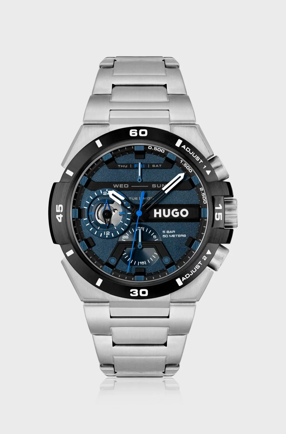 HUGO BOSS Ur Med Leddelt Rem Og Blå, Lagdelt Urskive Sølv Fashion