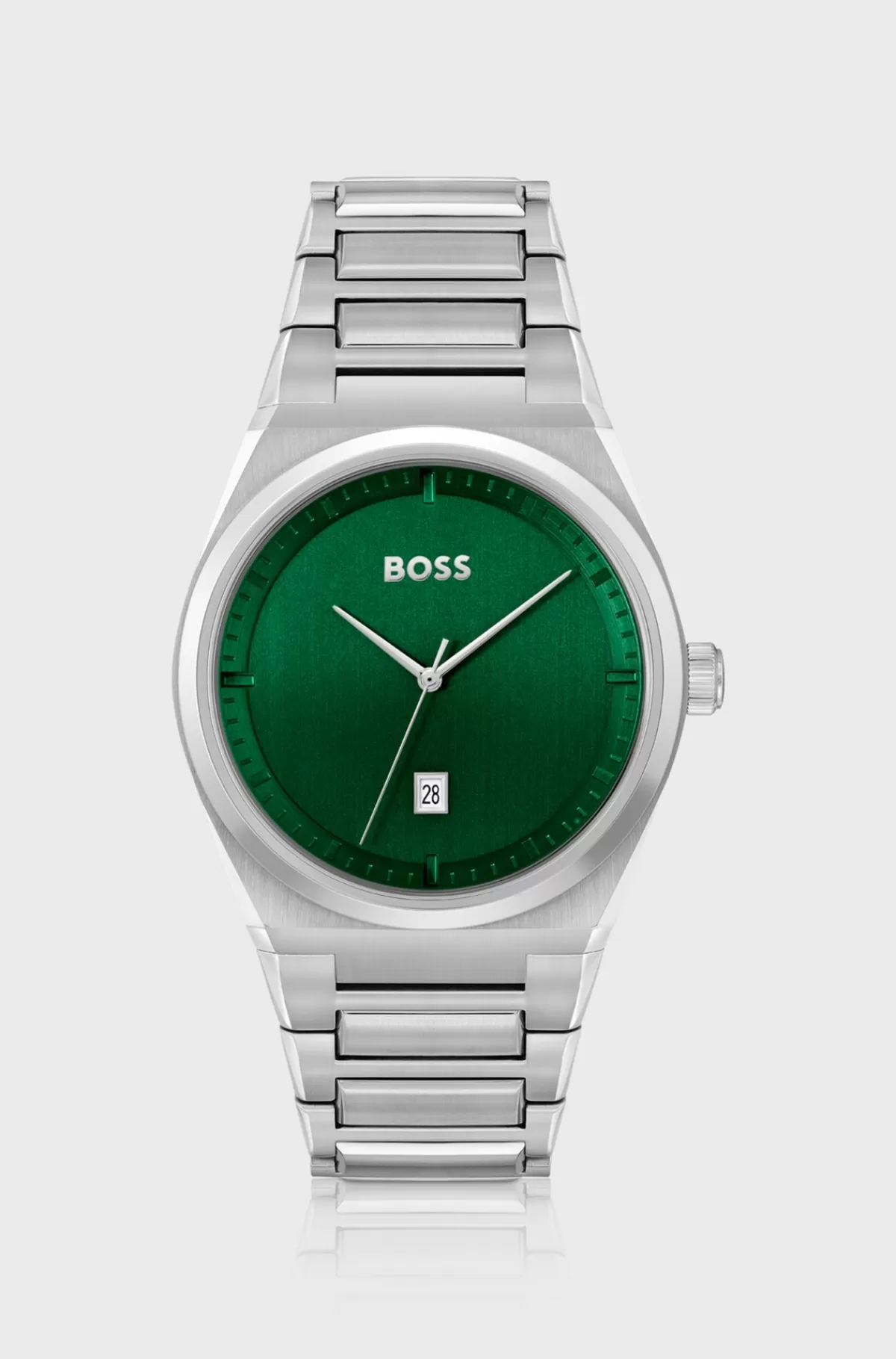 HUGO BOSS Ur Med Leddelt Rem Og Grøn Urskive Sølv Store