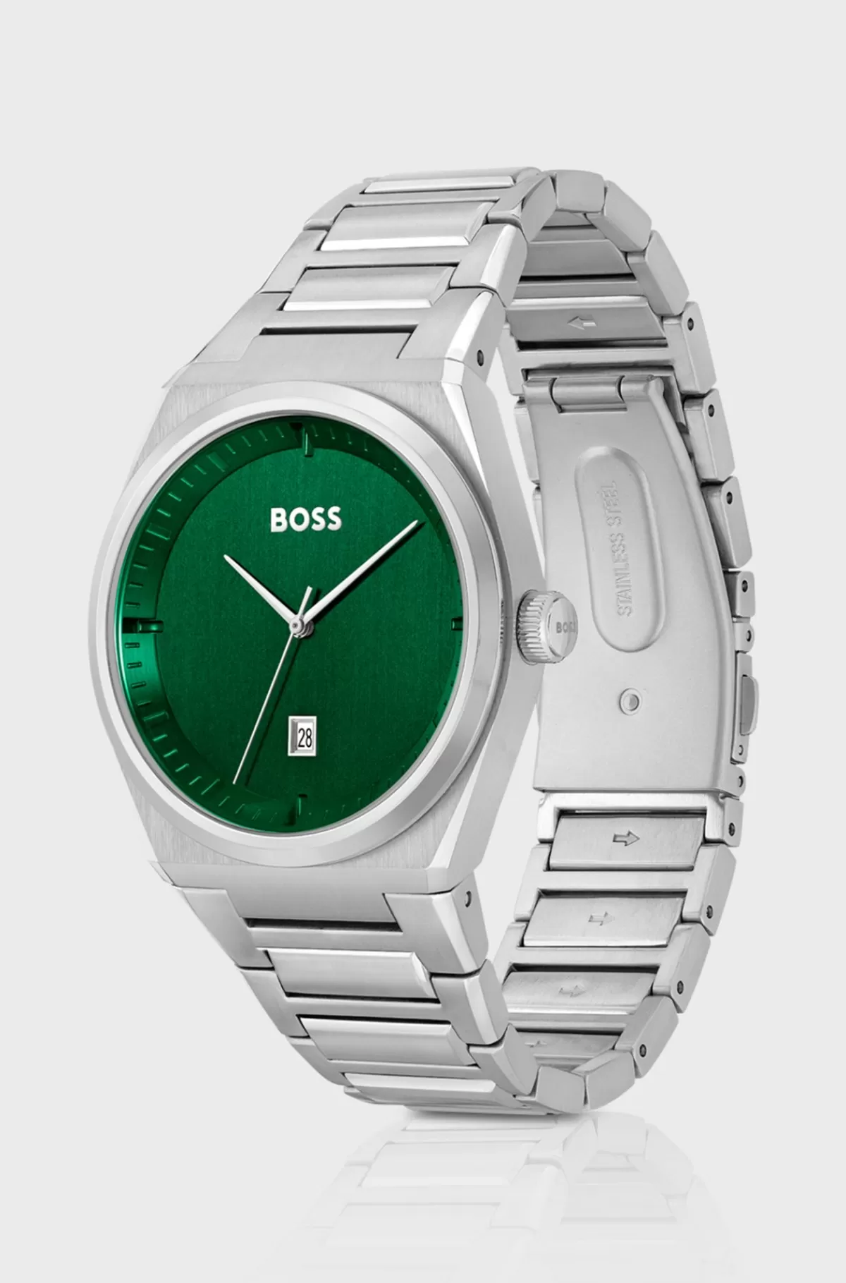 HUGO BOSS Ur Med Leddelt Rem Og Grøn Urskive Sølv Store