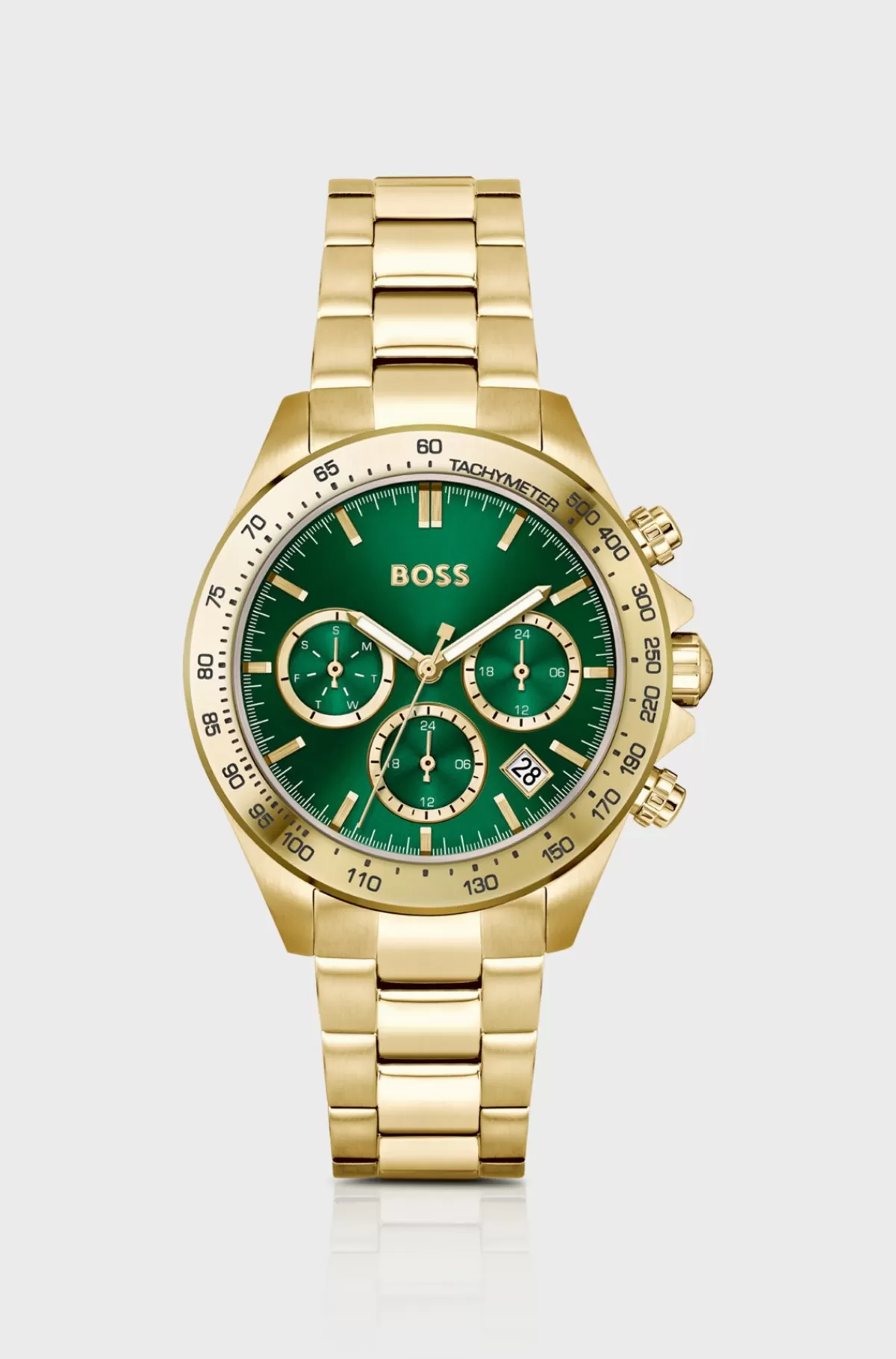 HUGO BOSS Ur Med Lænkerem Og Grøn Urskive Med Flere Sub-registre Guld Hot