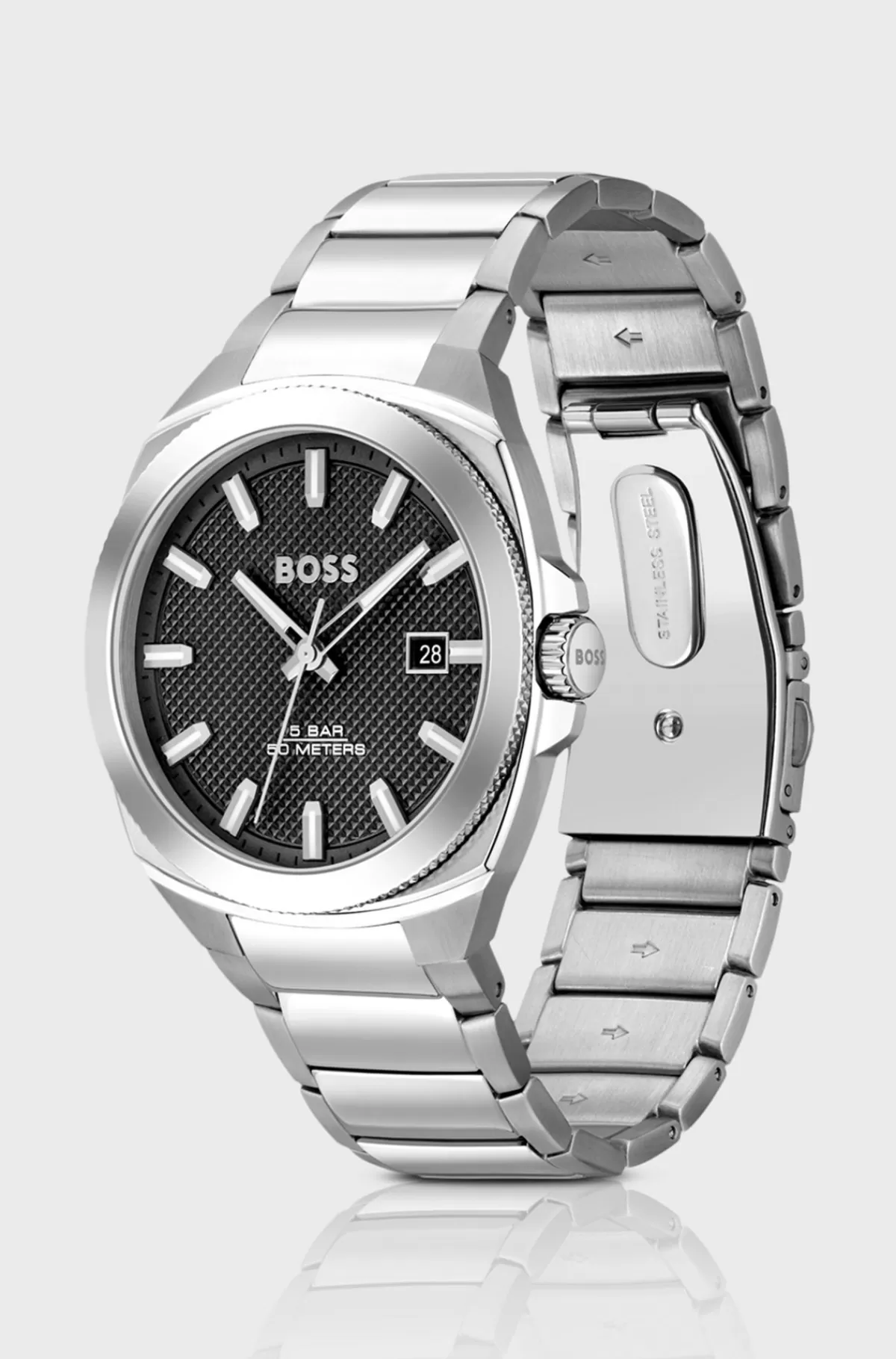 HUGO BOSS Ur Med Lænkerem Og Sort Urskive Med Guillochering Sølv Best