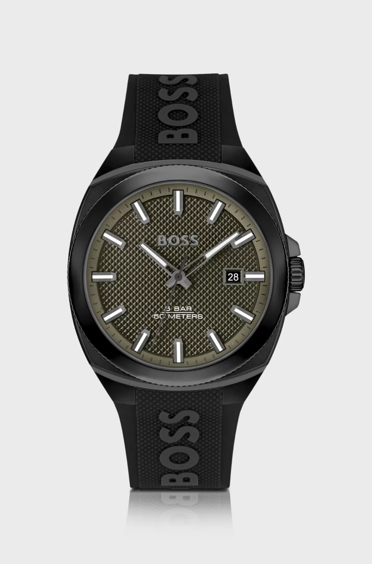 HUGO BOSS Ur Med Silikonerem Og Olivengrøn Urskive Med Guillochering Sort Best Sale