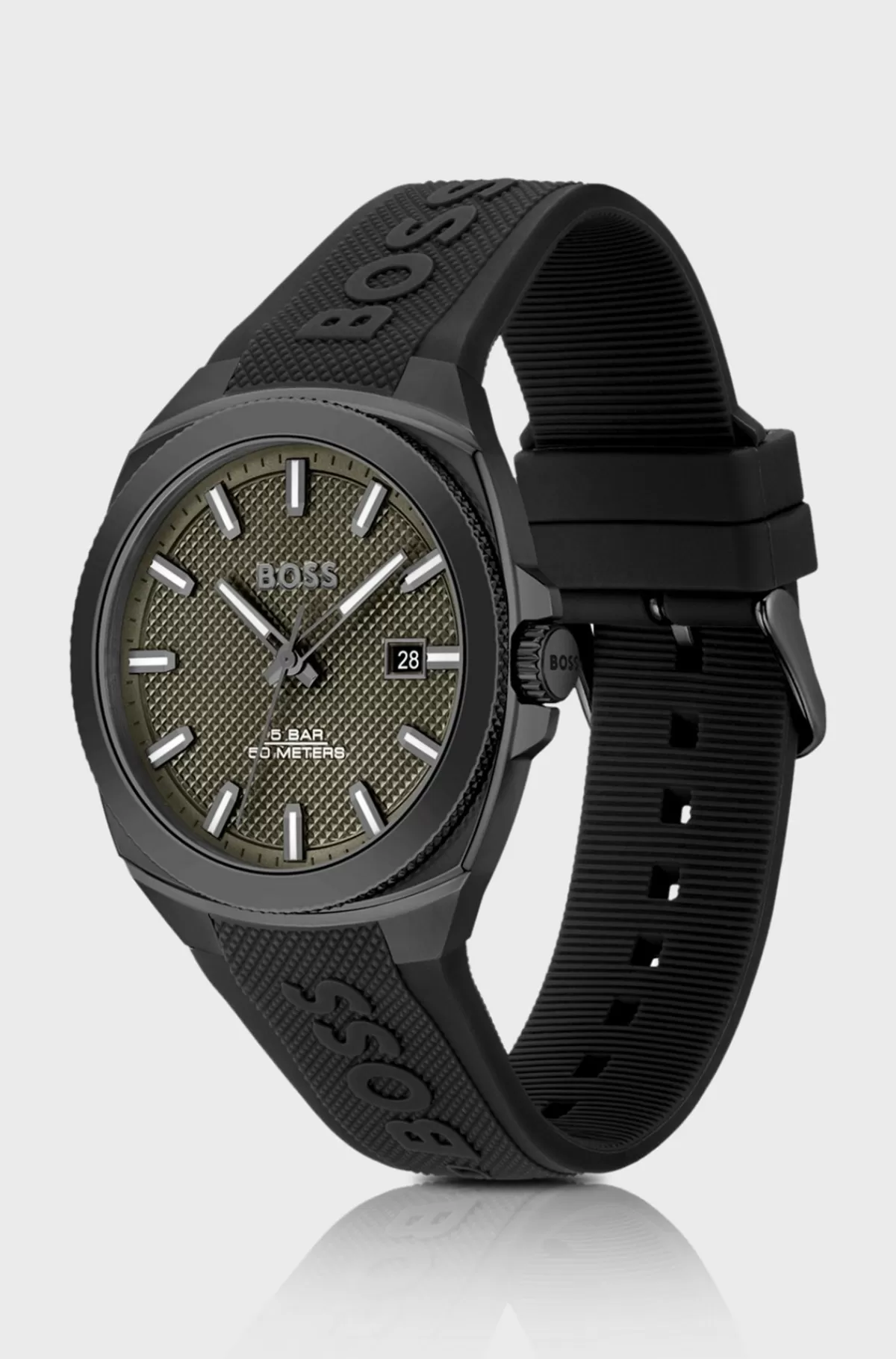 HUGO BOSS Ur Med Silikonerem Og Olivengrøn Urskive Med Guillochering Sort Best Sale