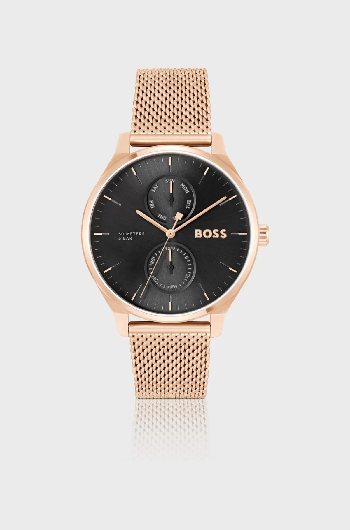 HUGO BOSS Ur Med Sort Urskive Og Carnation-farvet Meshrem Guld Clearance