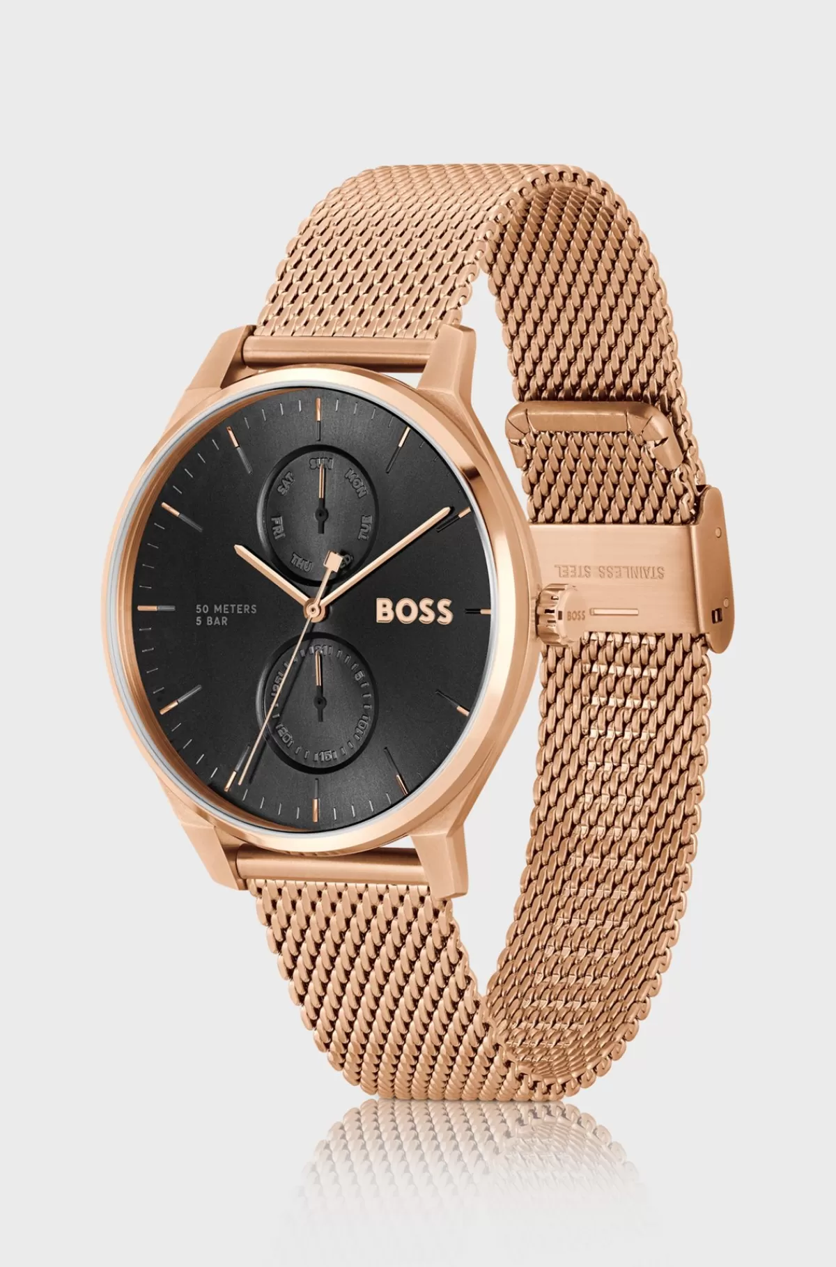 HUGO BOSS Ur Med Sort Urskive Og Carnation-farvet Meshrem Guld Clearance