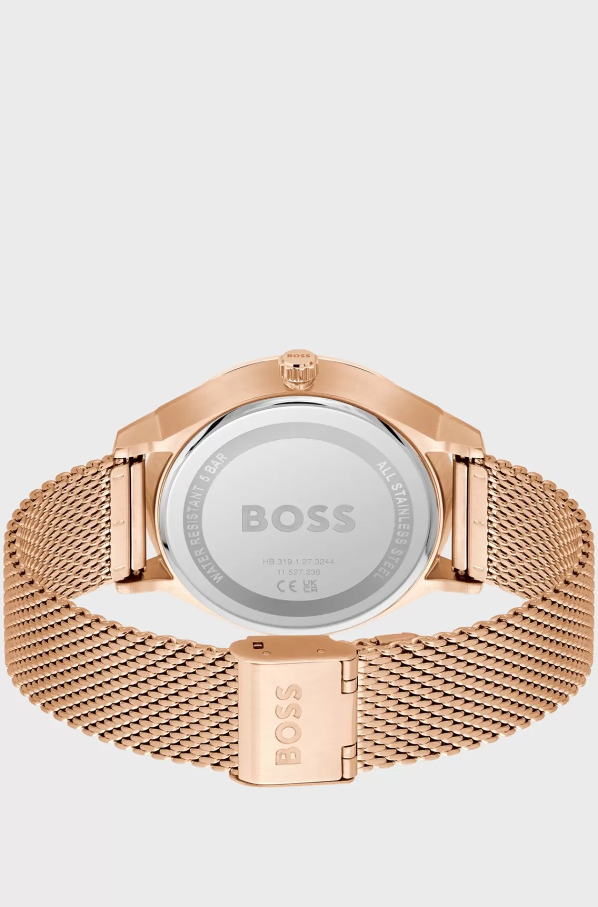 HUGO BOSS Ur Med Sort Urskive Og Carnation-farvet Meshrem Guld Clearance